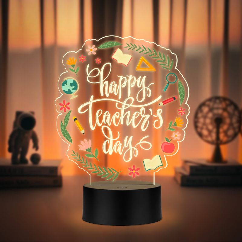 Happy Teacher's Day 3D LED Acrylic Night Lamp Tabletop Gift for Teachers, Mentors & Educators - Unique Appreciation Decorative Light for Classroom  Warm White Light & USB Powered